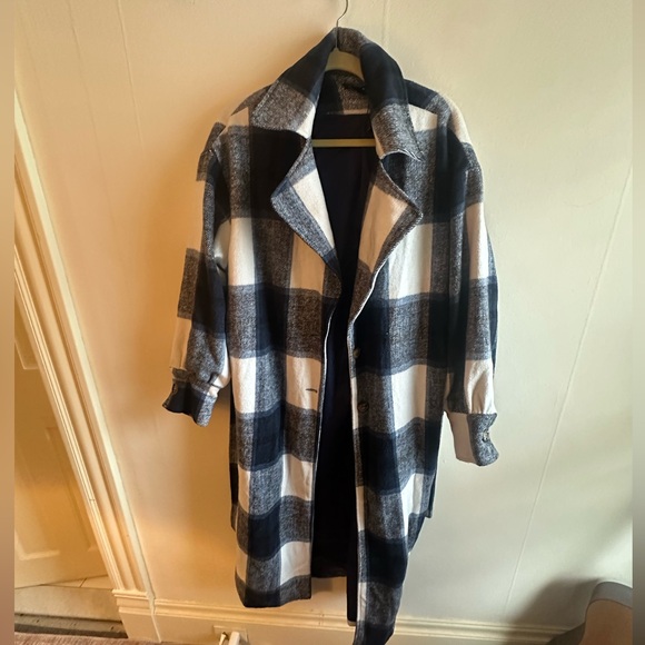 Misguided Blue & White Plaid Duster Coat - Picture 1 of 5